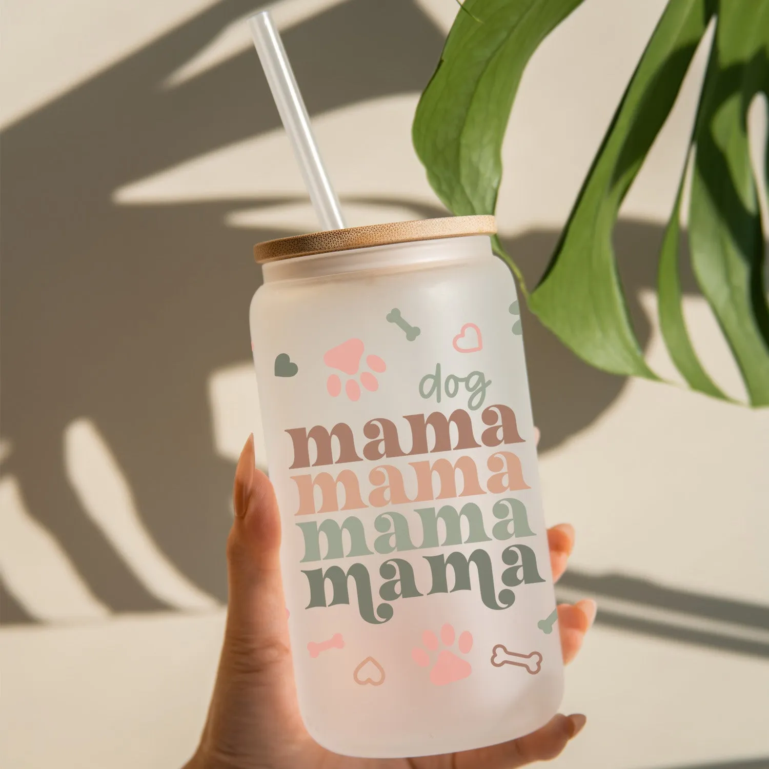 Dog Mama Gifts - 16oz Iced Coffee Glass Can Tumbler - Dog Mom Coffee Cups with Bamboo Lid and Straw