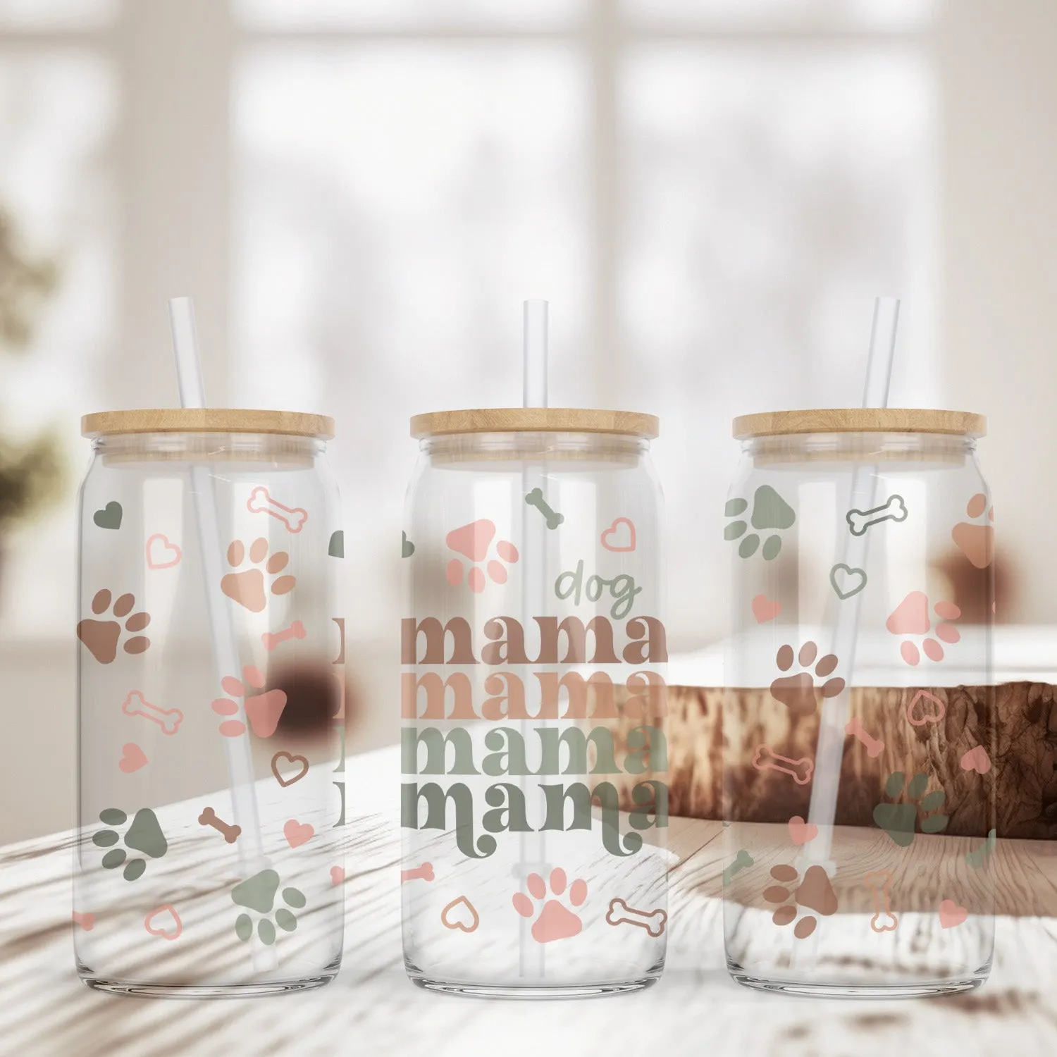 Dog Mama Gifts - 16oz Iced Coffee Glass Can Tumbler - Dog Mom Coffee Cups with Bamboo Lid and Straw