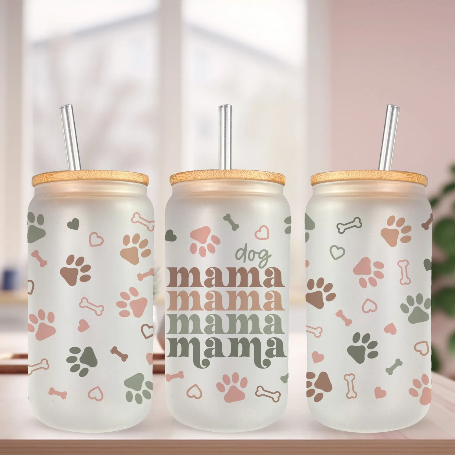 Dog Mama Gifts - 16oz Iced Coffee Glass Can Tumbler - Dog Mom Coffee Cups with Bamboo Lid and Straw