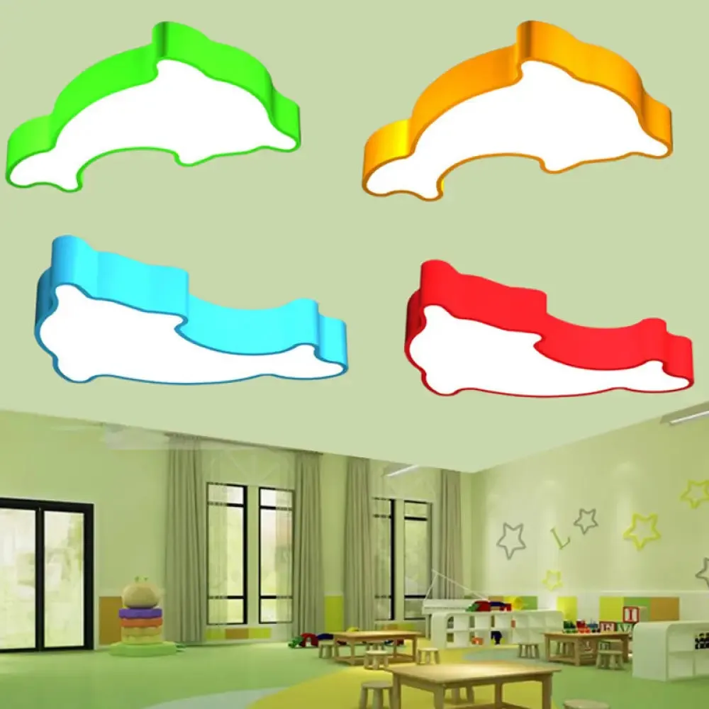 Dolphin Nursery LED Ceiling Lamp Cartoon Flush Mount Light in Red/Yellow/Blue, 19.5"/23.5" Width