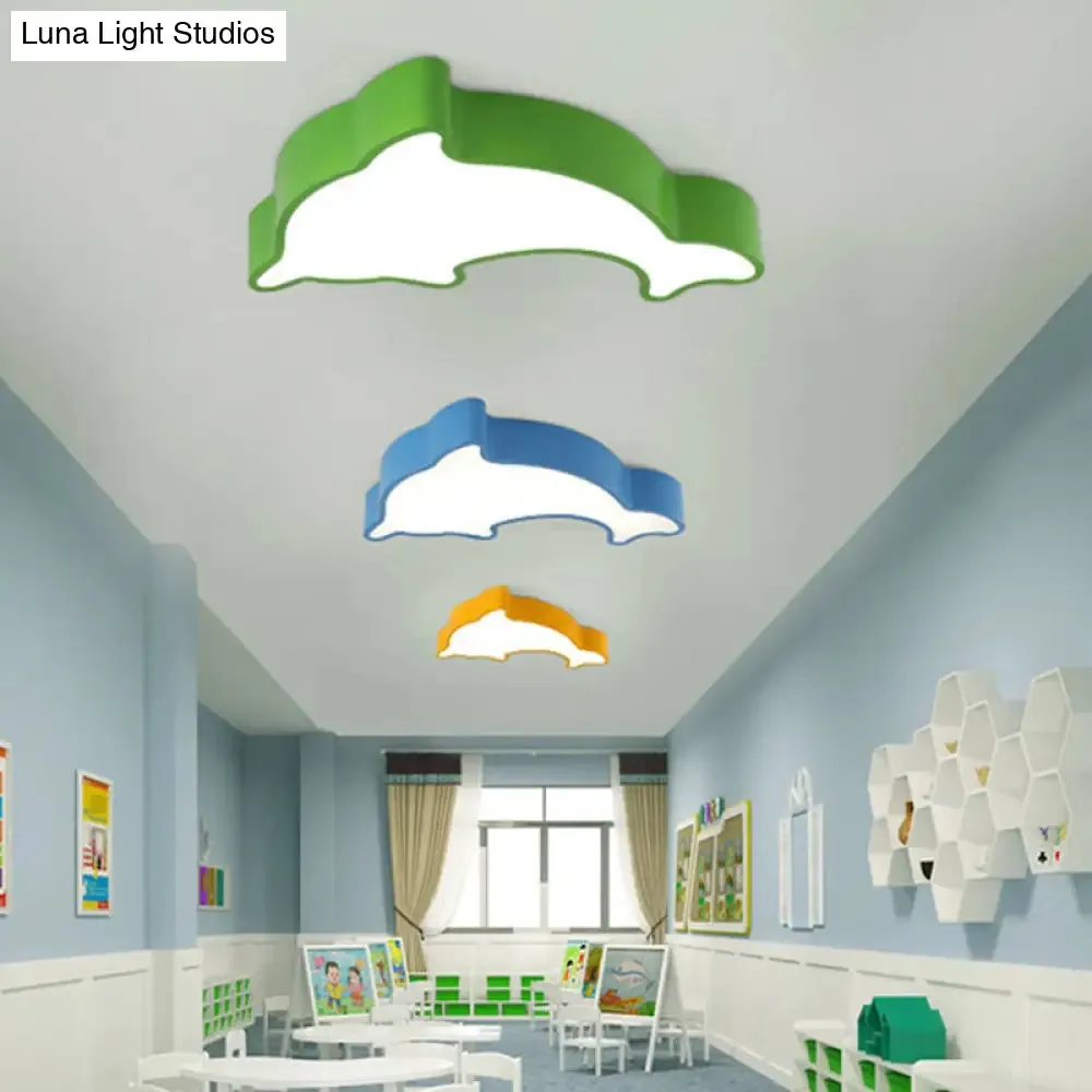 Dolphin Nursery LED Ceiling Lamp Cartoon Flush Mount Light in Red/Yellow/Blue, 19.5"/23.5" Width