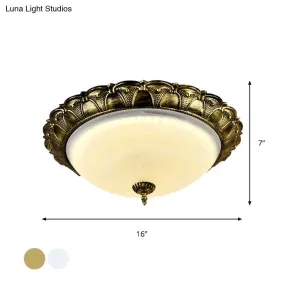 Dome Shape Hallway Flush Mount Lighting in Vintage Frosted Glass White/Brass LED - Warm/White Light, 16"/19.5