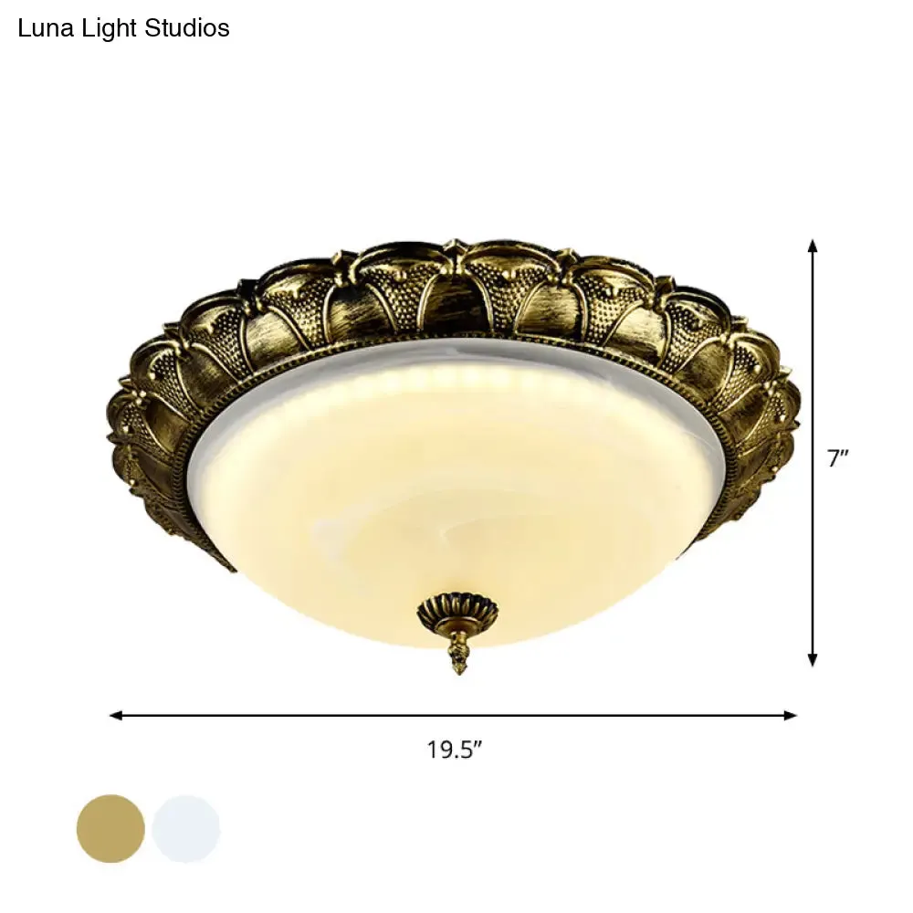 Dome Shape Hallway Flush Mount Lighting in Vintage Frosted Glass White/Brass LED - Warm/White Light, 16"/19.5