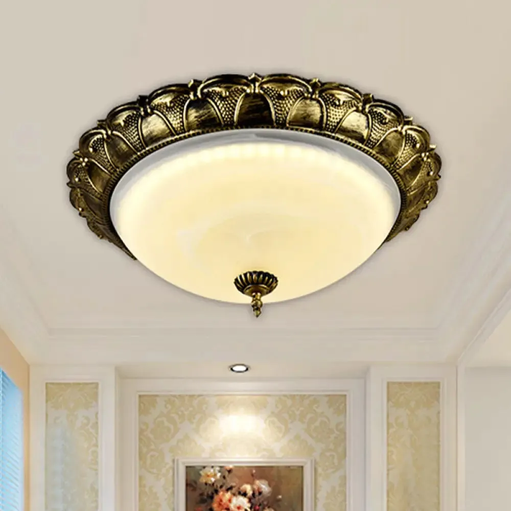 Dome Shape Hallway Flush Mount Lighting in Vintage Frosted Glass White/Brass LED - Warm/White Light, 16"/19.5