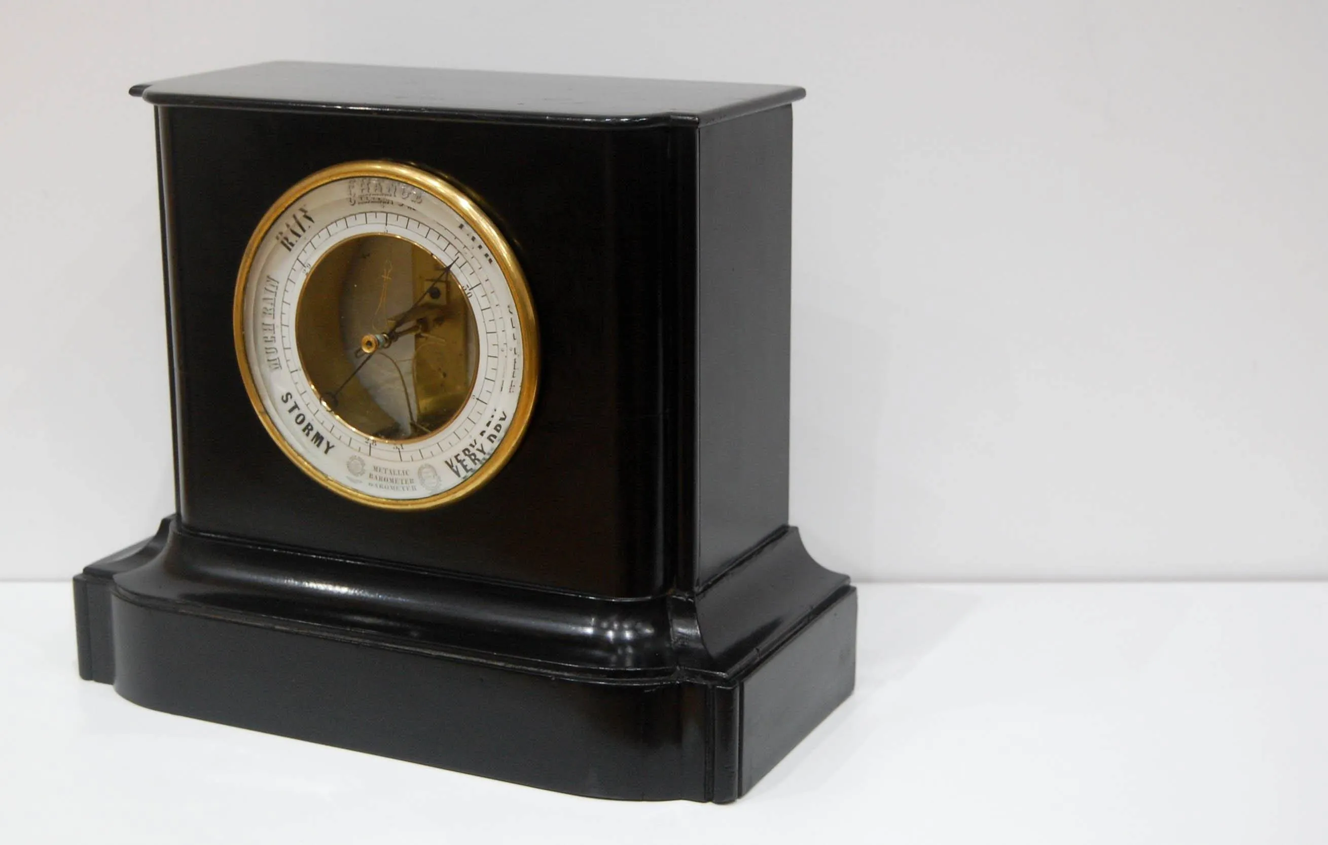 Early Bourdon Aneroid Mantel Barometer in Ebonised Wood Case