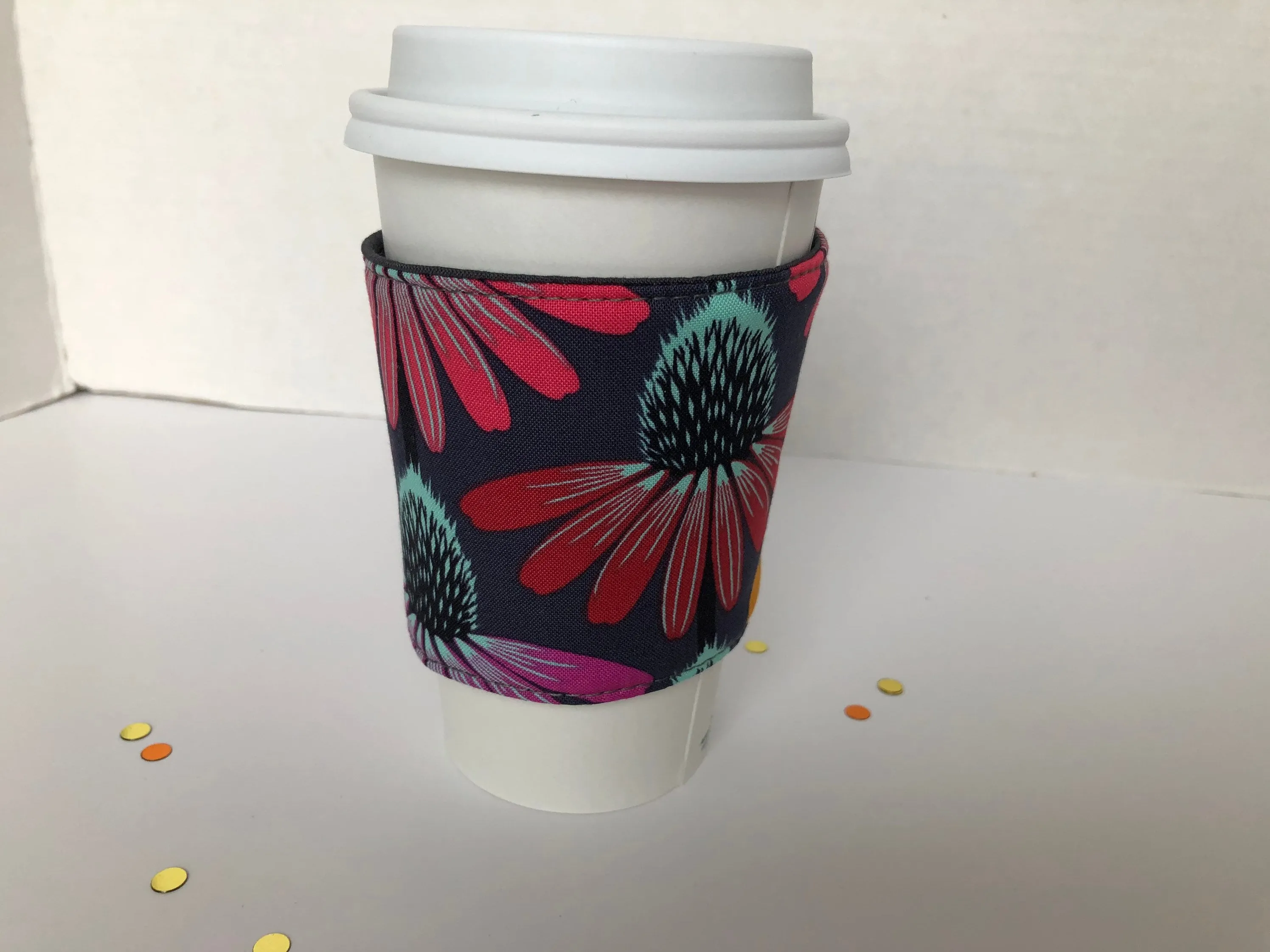 Echinacea Flowers Coffee Cup Cozy, fabric coffee sleeve, gift for her