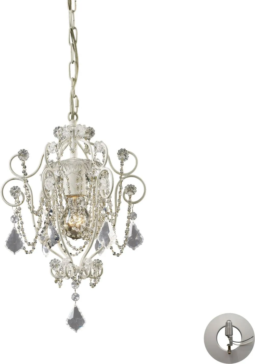 Elise 1 Light Chandelier In Antique White and Clear Crystal - Includes Recessed Lighting Kit