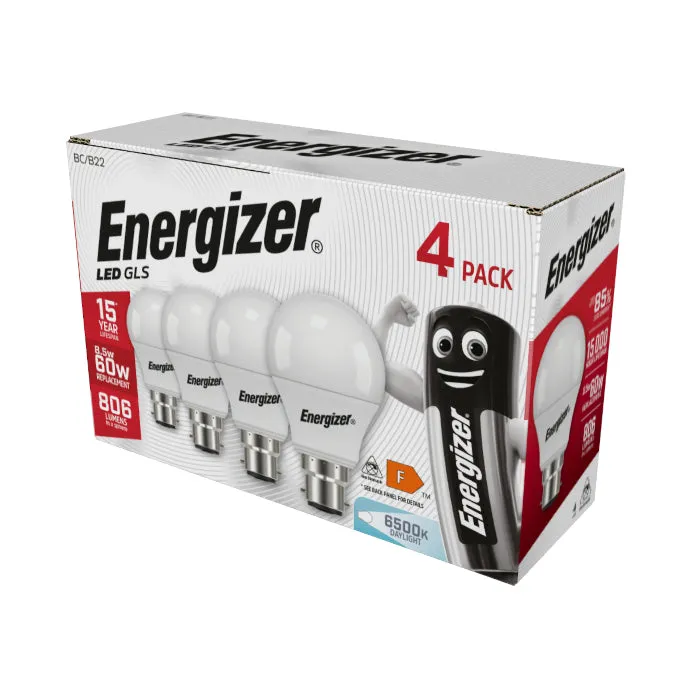 Energizer 8.5W B22 Standard GLS LED Bulb - 4 Pack - 806lm - 5000K