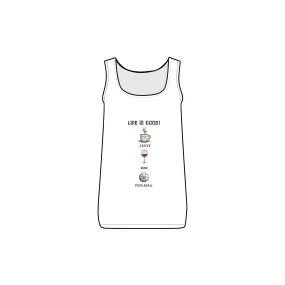 features a steaming cup of coffee, pickleball, and a glass of wine with the words 'Life is Good' Women's Baby Rib Tank