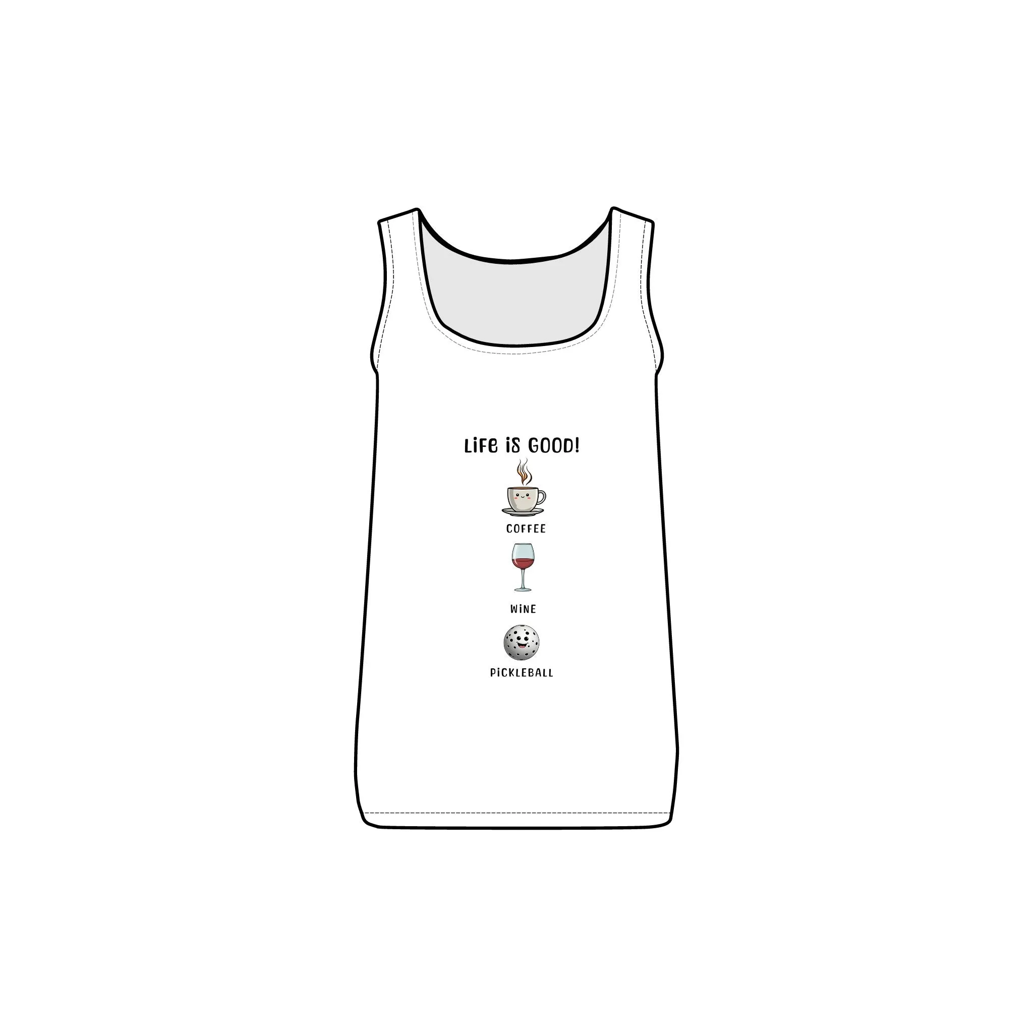 features a steaming cup of coffee, pickleball, and a glass of wine with the words 'Life is Good' Women's Baby Rib Tank