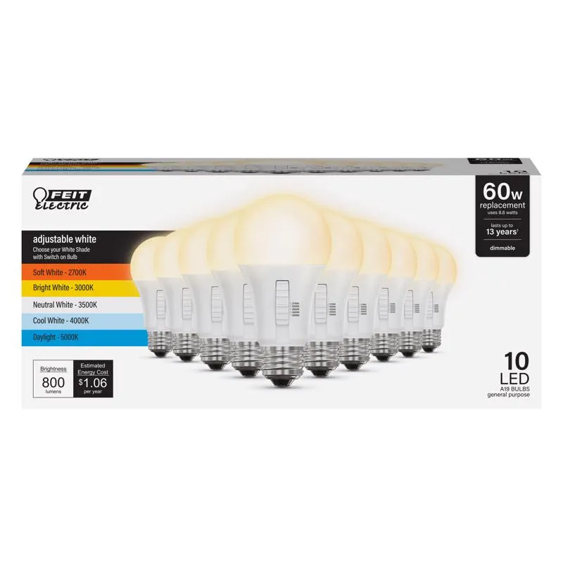 Feit A19 E26 (Medium) LED Bulb Adjustable White 60 Watt Equivalence 10 pk