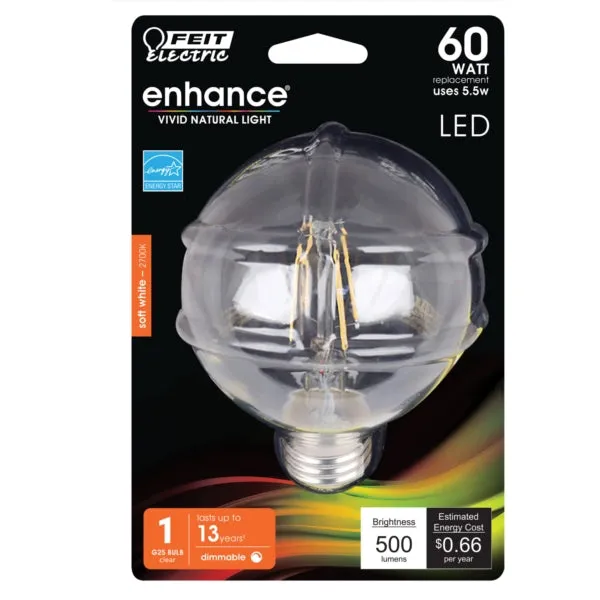 Feit Electric BPG2560/927CA/FIL LED Bulb, Globe, G25 Lamp, 60 W Equivalent, E26 Lamp Base, Dimmable, Clear