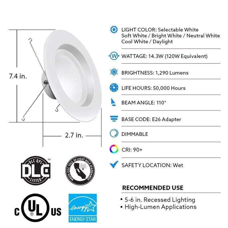 Feit Enhance White 7.5 in. W Aluminum LED Dimmable Recessed Downlight 14.3 W