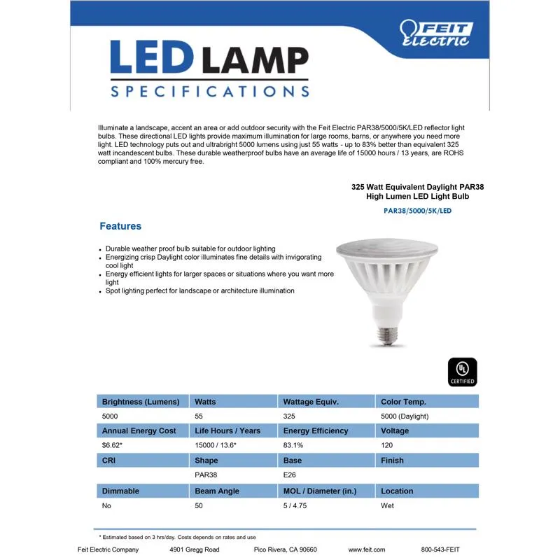 Feit LED PAR38 E26 (Medium) LED Bulb Daylight 325 Watt Equivalence 1 pk