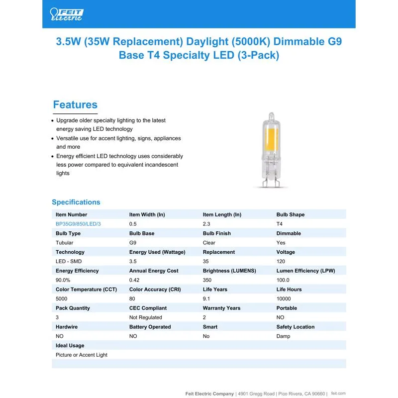 Feit LED Specialty T4 G9 LED Bulb Daylight 35 Watt Equivalence 3 pk