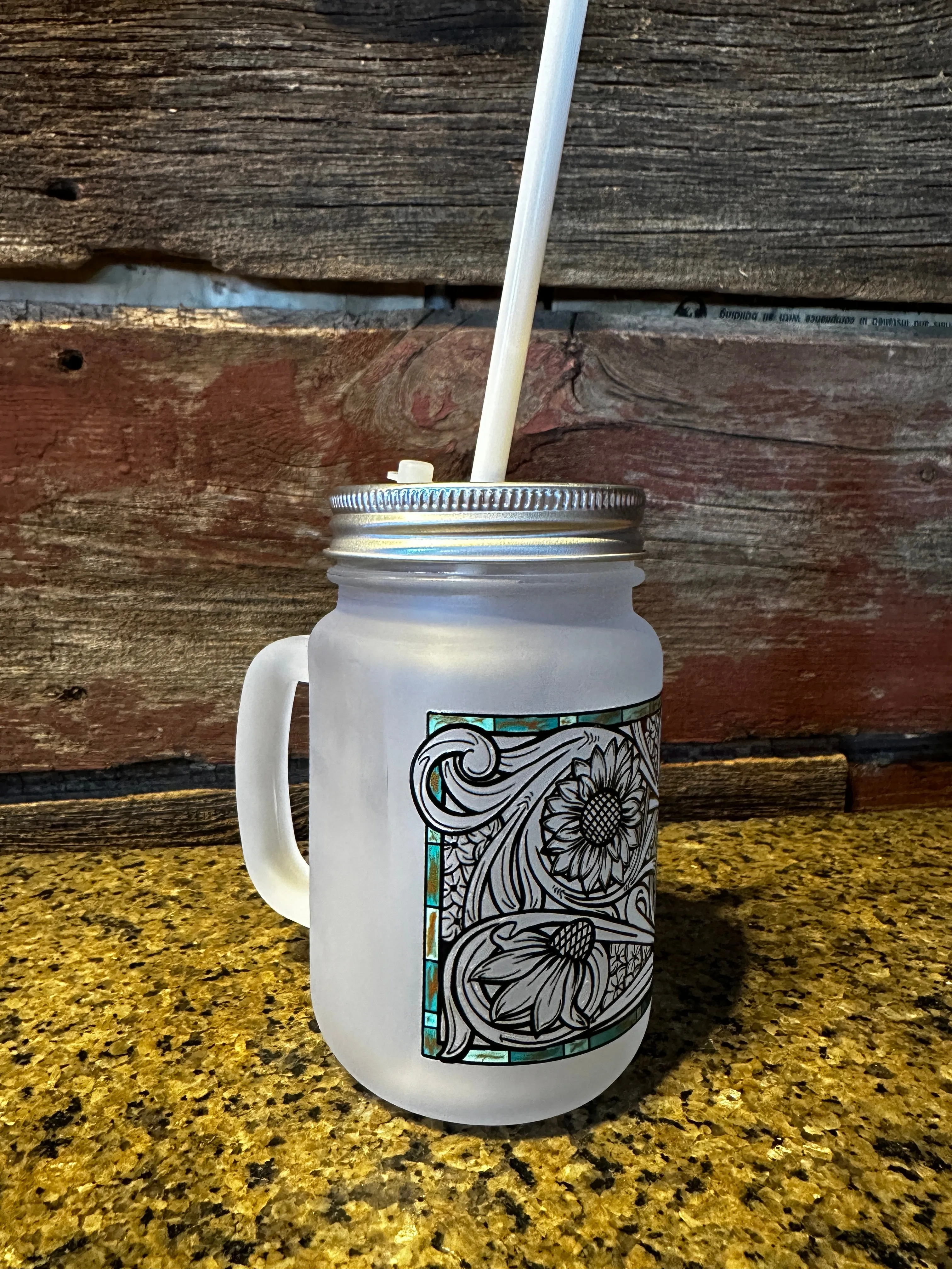 Floral tooled  mason jar cup with lid and straw