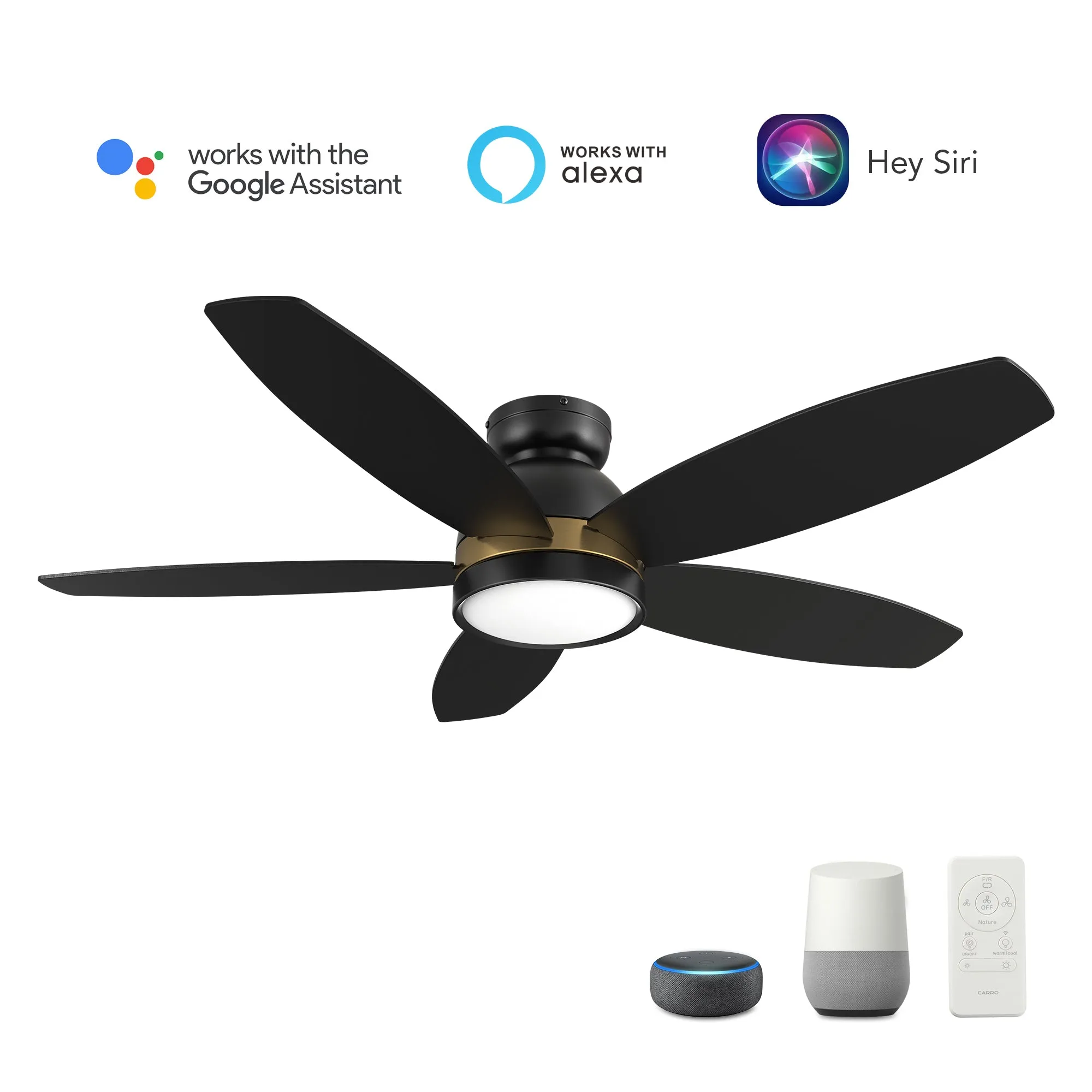 FREMONT 48 inch 5-Blade Flush Mount Smart Ceiling Fan with LED Light Kit & Remote- Black/Black (Gold Detail)