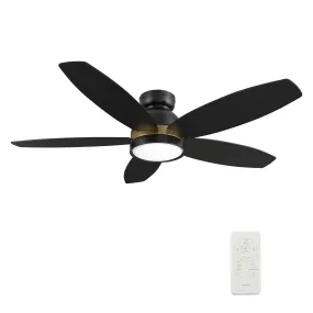 FREMONT 48 inch 5-Blade Flush Mount Smart Ceiling Fan with LED Light Kit & Remote- Black/Black (Gold Detail)