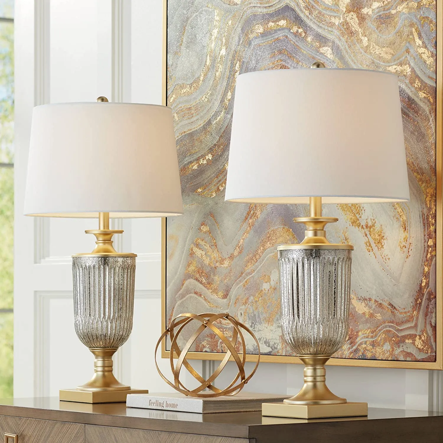 Glam Style Table Lamps 28.5" Tall Set of 2 Pedestal Gold