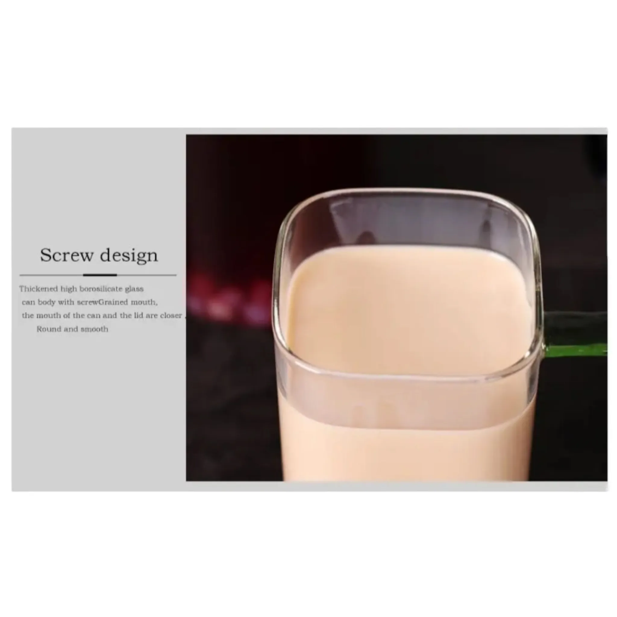 Glass Drinking Mug 350ml Square with Bamboo Lid & Borosilicate Curved Straw