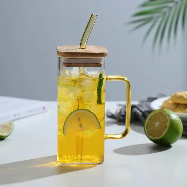 Glass Drinking Mug 350ml Square with Bamboo Lid & Borosilicate Curved Straw