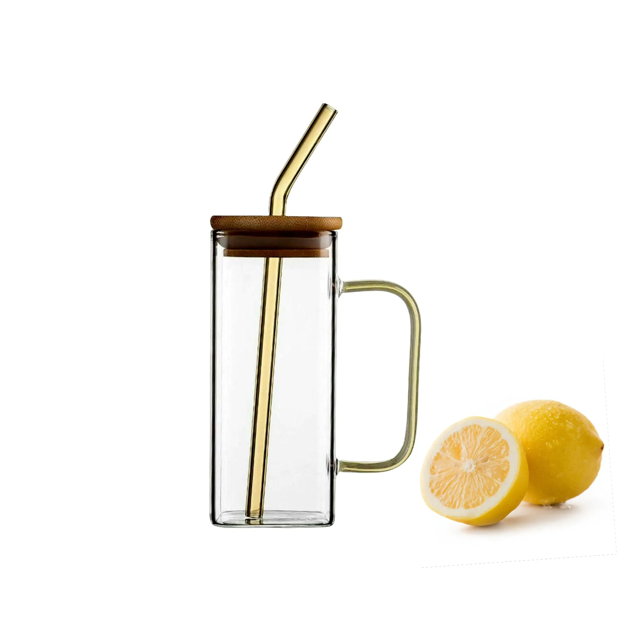 Glass Drinking Mug 350ml Square with Bamboo Lid & Borosilicate Curved Straw