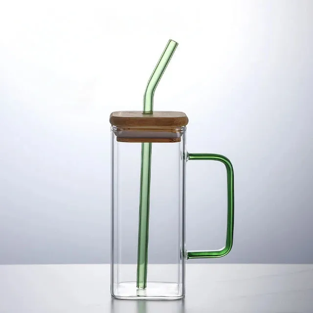 Glass Drinking Mug 350ml Square with Bamboo Lid & Borosilicate Curved Straw