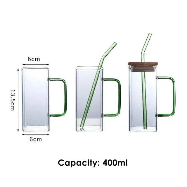 Glass Drinking Mug 350ml Square with Bamboo Lid & Borosilicate Curved Straw