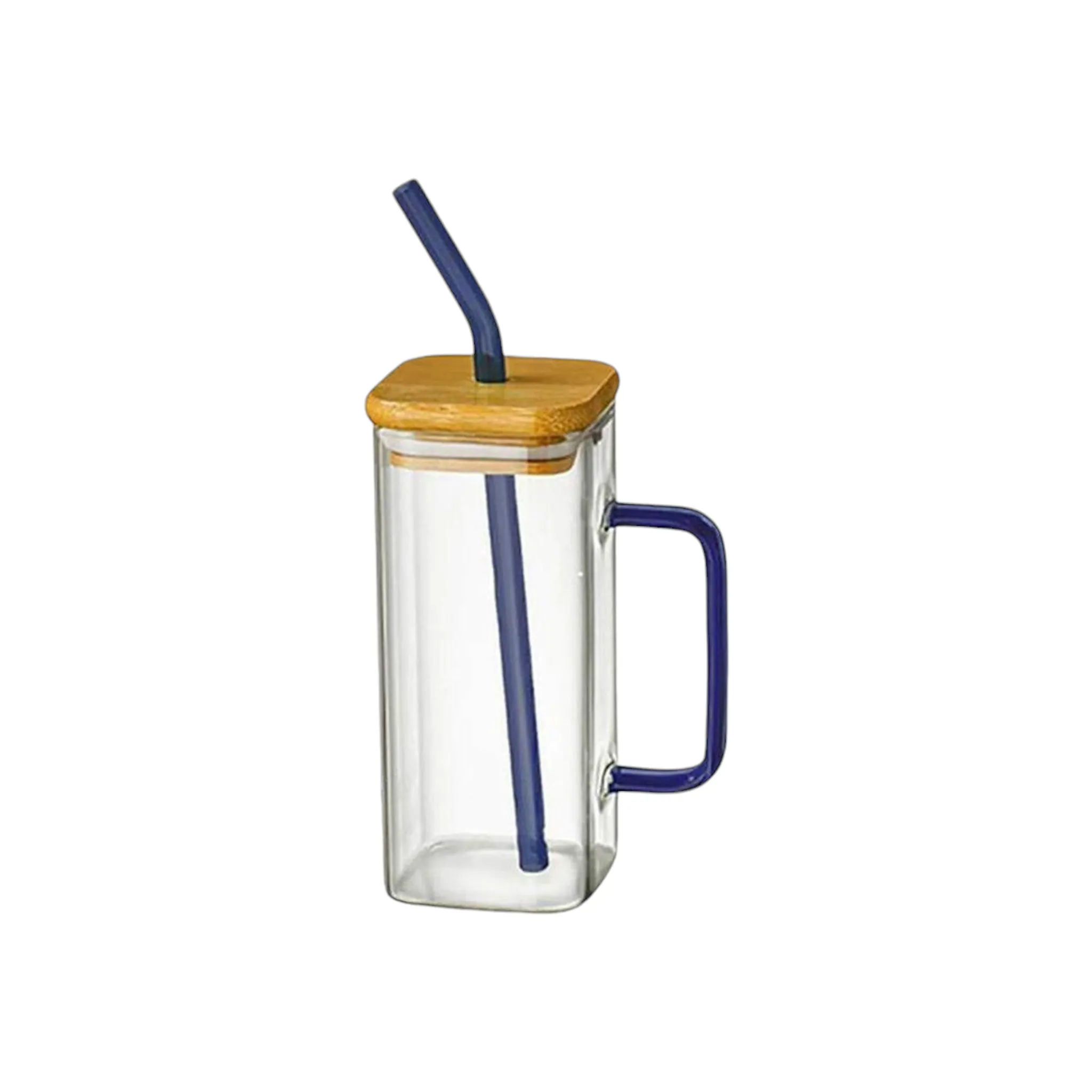 Glass Drinking Mug 350ml Square with Bamboo Lid & Borosilicate Curved Straw