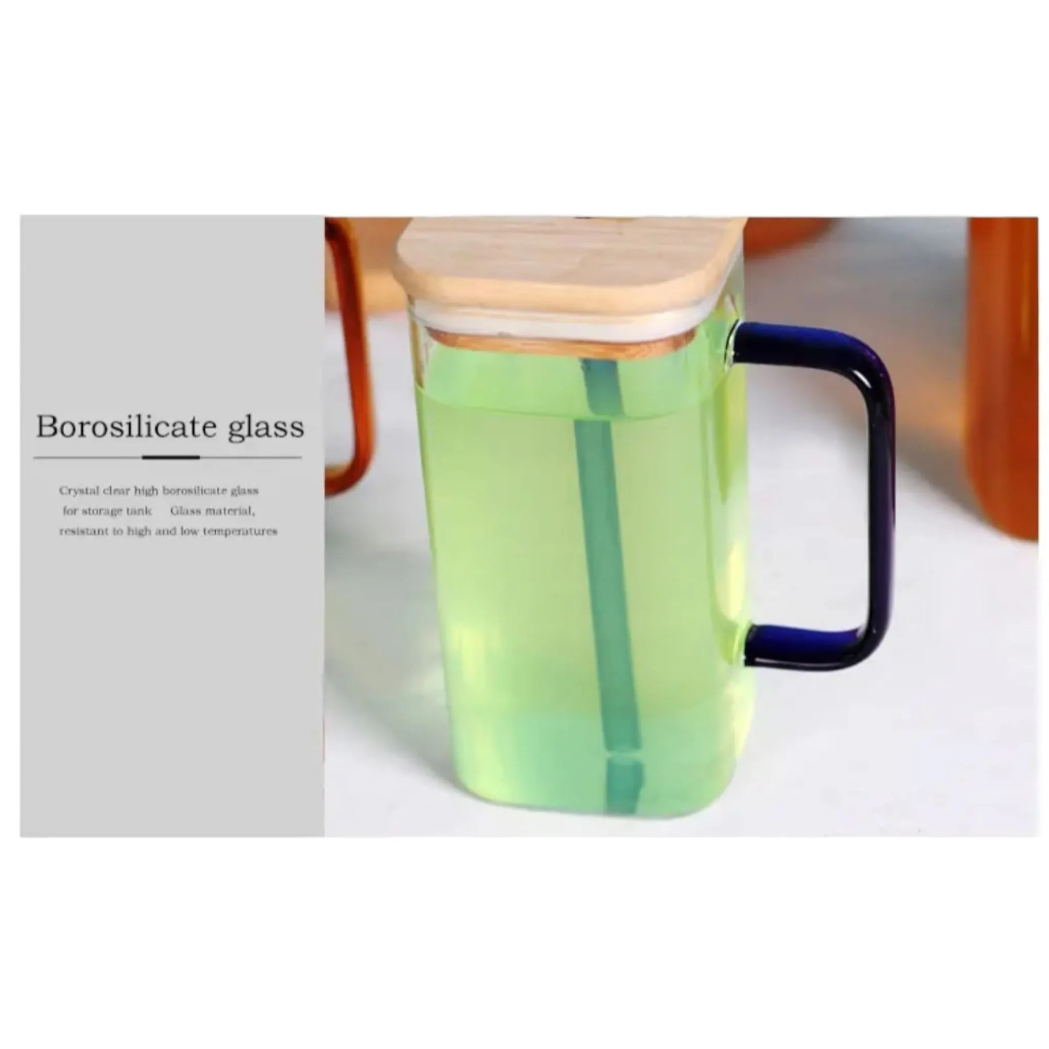 Glass Drinking Mug 350ml Square with Bamboo Lid & Borosilicate Curved Straw