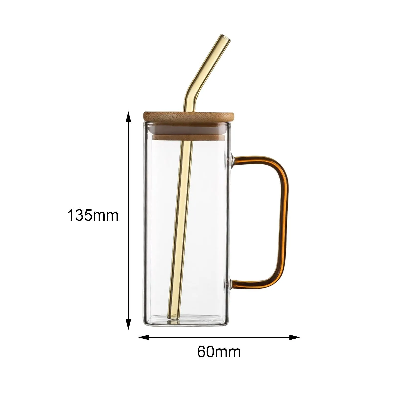 Glass Drinking Mug 350ml Square with Bamboo Lid & Borosilicate Curved Straw