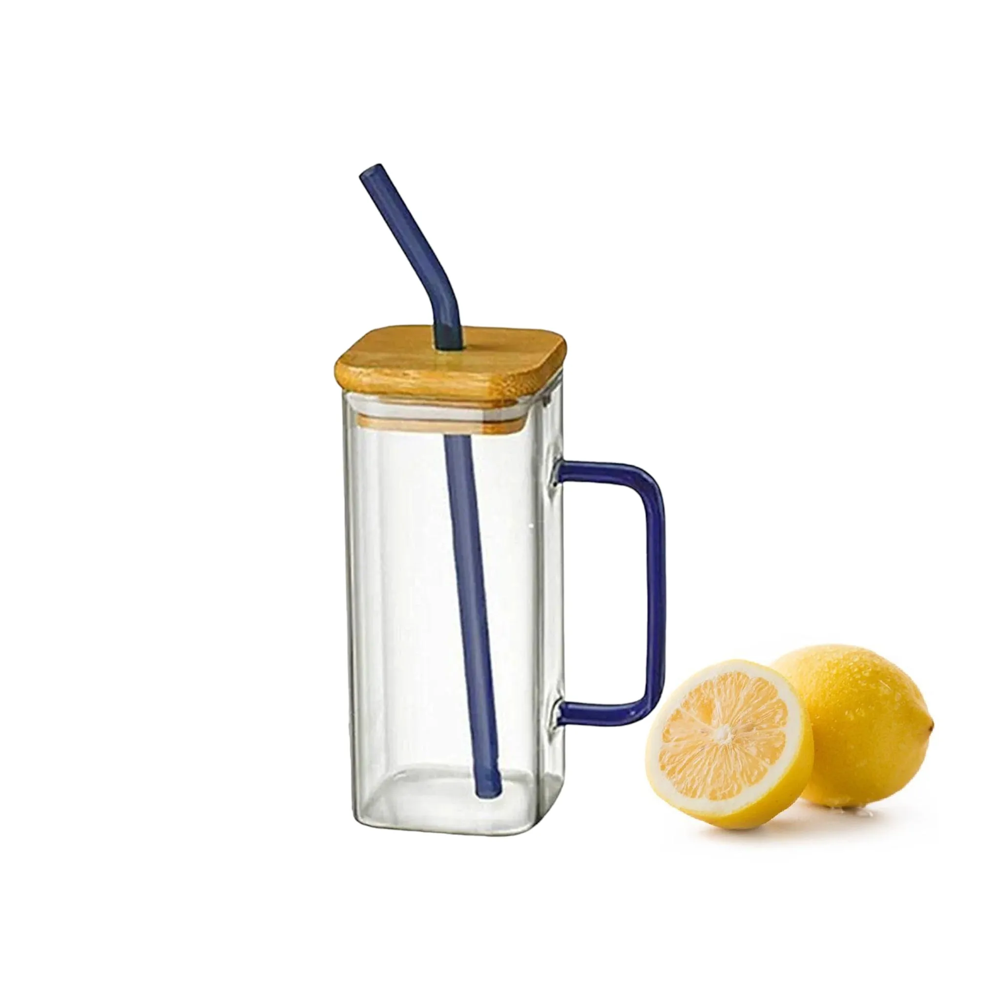 Glass Drinking Mug 350ml Square with Bamboo Lid & Borosilicate Curved Straw