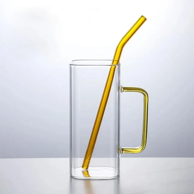 Glass Drinking Mug 350ml Square with Bamboo Lid & Borosilicate Curved Straw