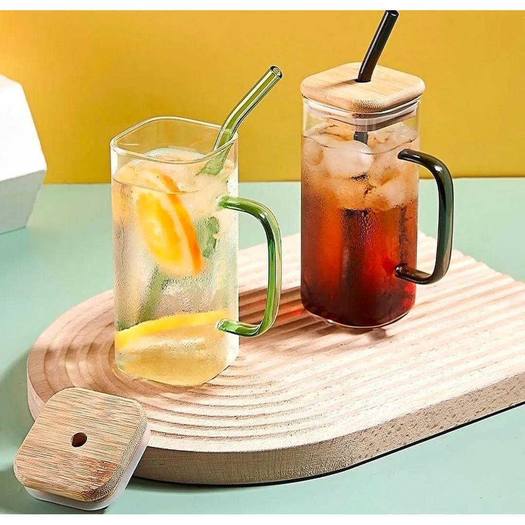 Glass Drinking Mug 350ml Square with Bamboo Lid & Borosilicate Curved Straw