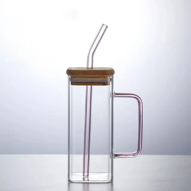 Glass Drinking Mug 350ml Square with Bamboo Lid & Borosilicate Curved Straw