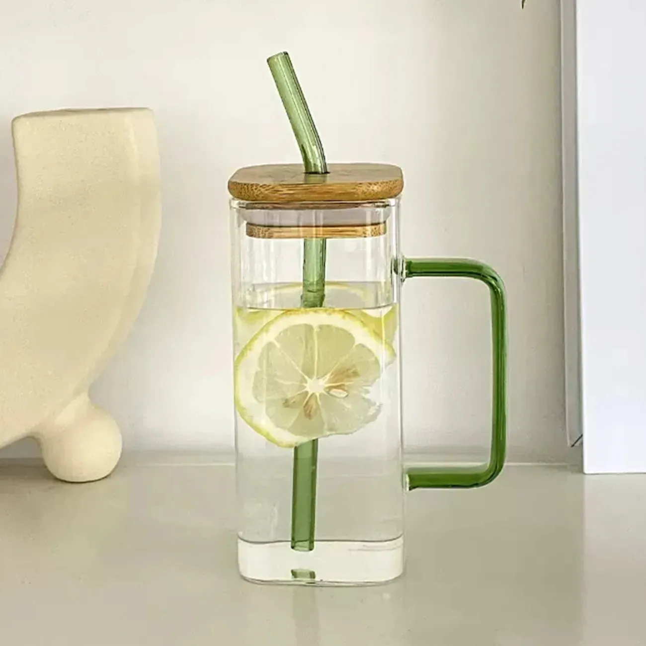 Glass Drinking Mug 350ml Square with Bamboo Lid & Borosilicate Curved Straw