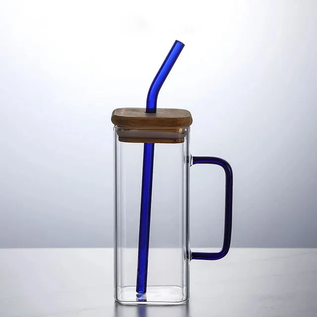 Glass Drinking Mug 350ml Square with Bamboo Lid & Borosilicate Curved Straw