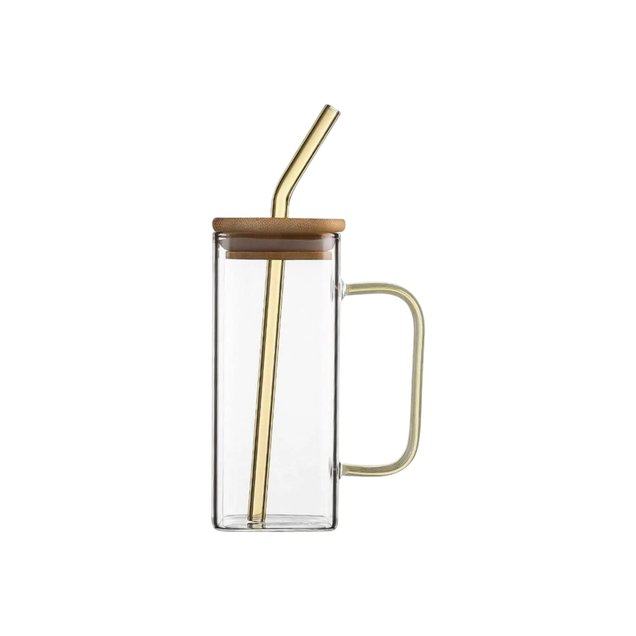 Glass Drinking Mug 350ml Square with Bamboo Lid & Borosilicate Curved Straw