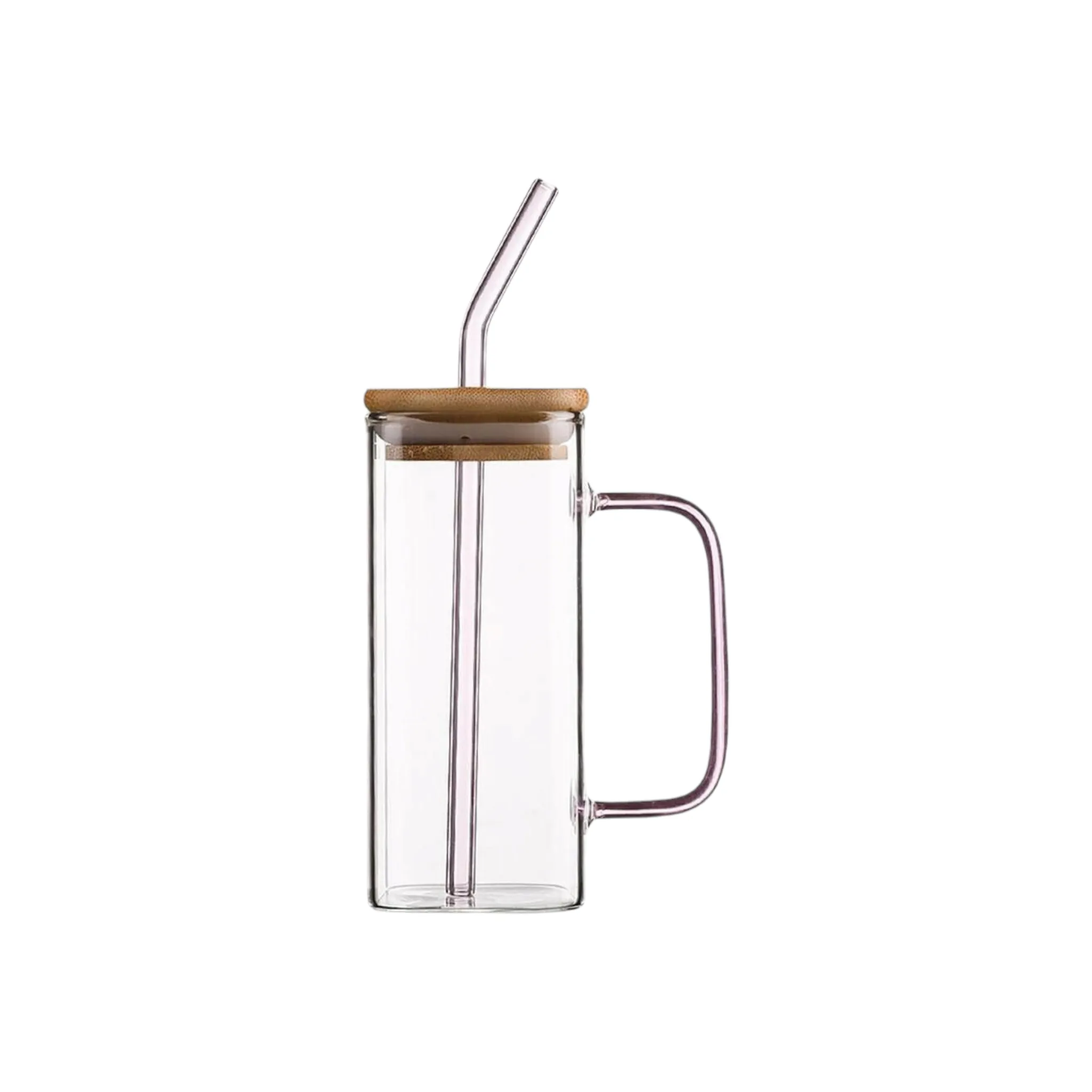 Glass Drinking Mug 350ml Square with Bamboo Lid & Borosilicate Curved Straw