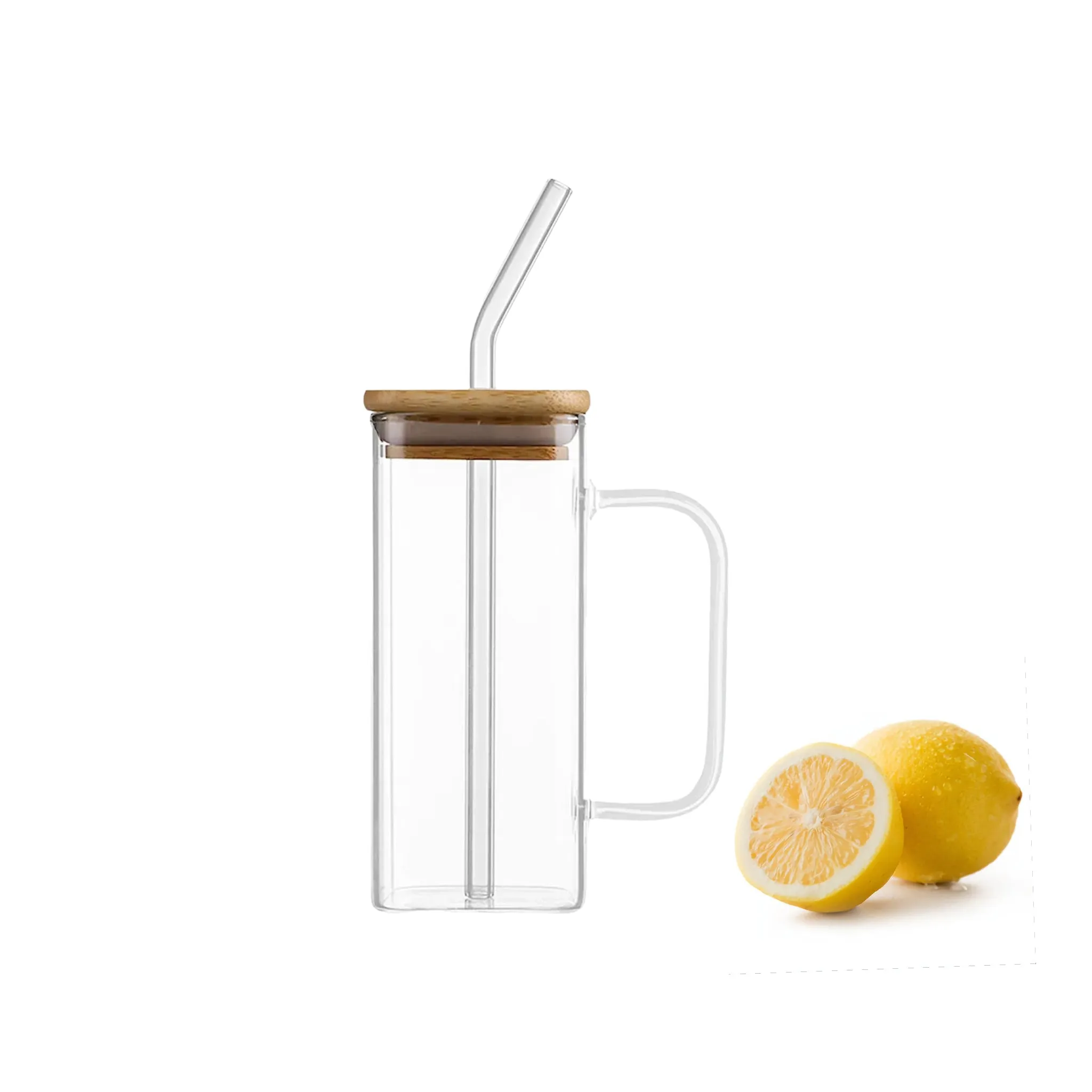 Glass Drinking Mug 350ml Square with Bamboo Lid & Borosilicate Curved Straw