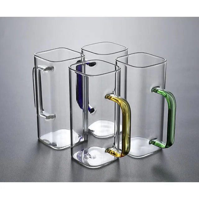 Glass Drinking Mug 350ml Square with Bamboo Lid & Borosilicate Curved Straw