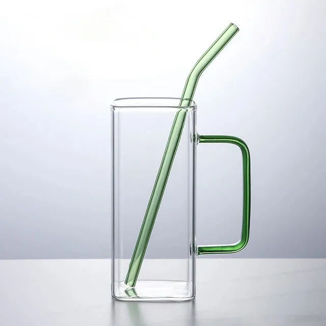 Glass Drinking Mug 350ml Square with Bamboo Lid & Borosilicate Curved Straw