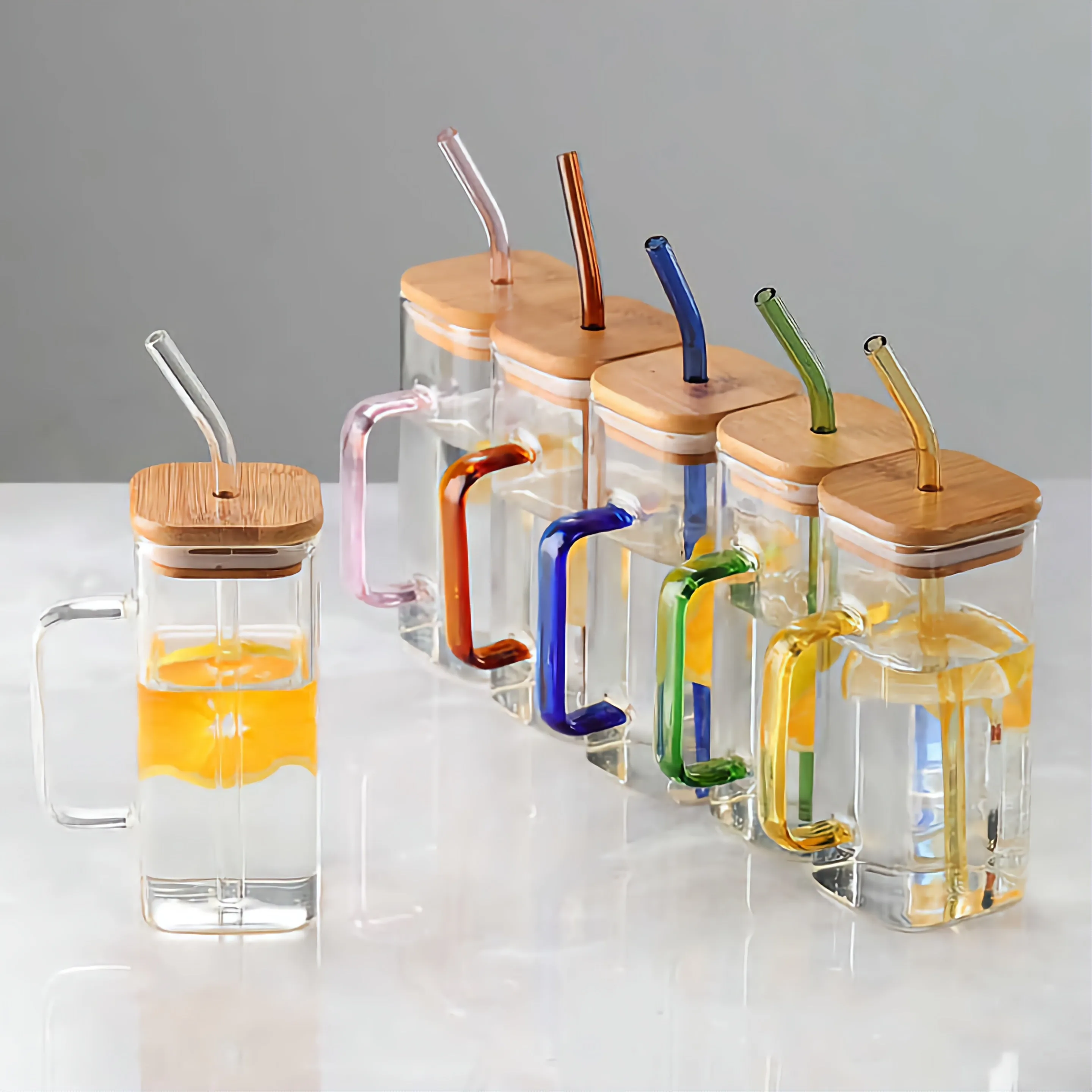 Glass Drinking Mug 350ml Square with Bamboo Lid & Borosilicate Curved Straw