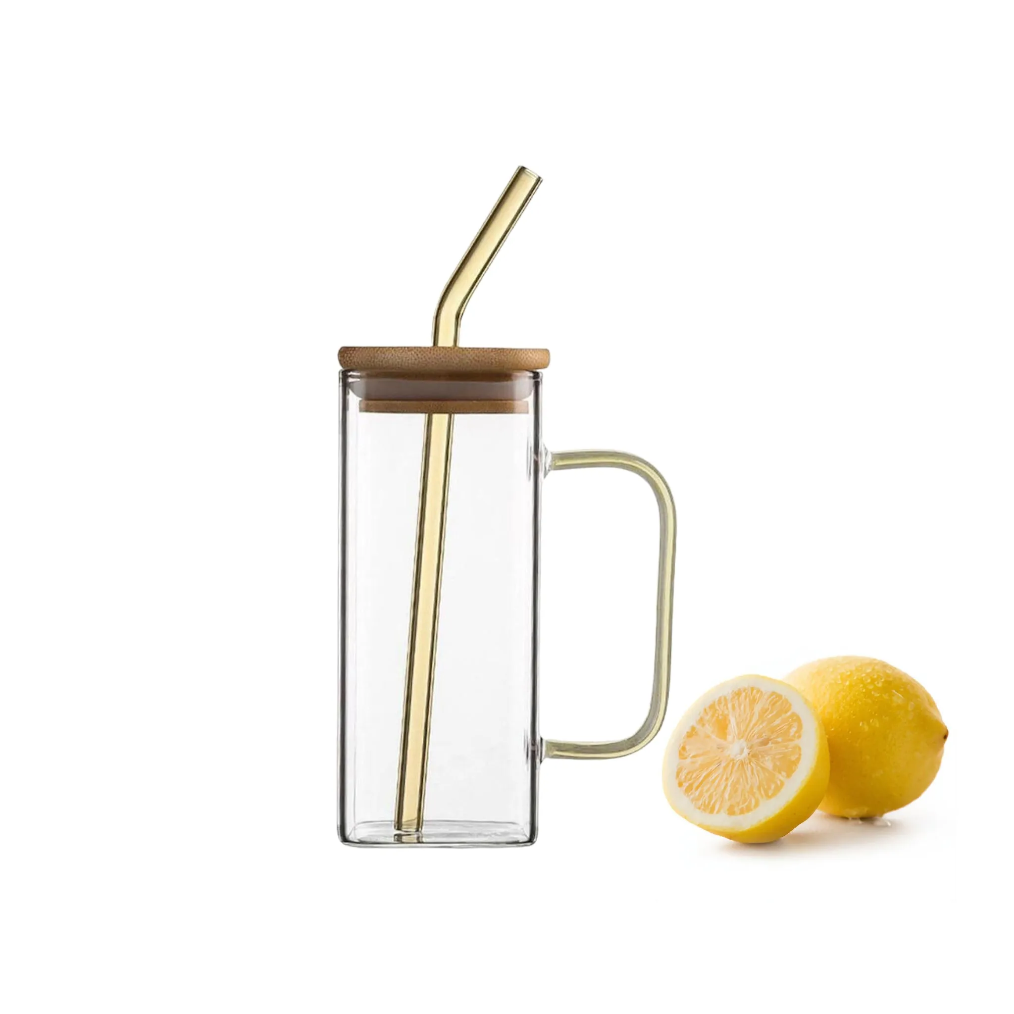 Glass Drinking Mug 350ml Square with Bamboo Lid & Borosilicate Curved Straw