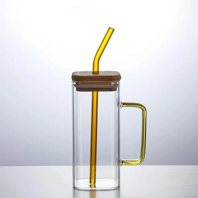 Glass Drinking Mug 350ml Square with Bamboo Lid & Borosilicate Curved Straw