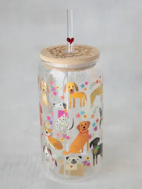 Glass Tumbler with Lid and Straw - Dogs