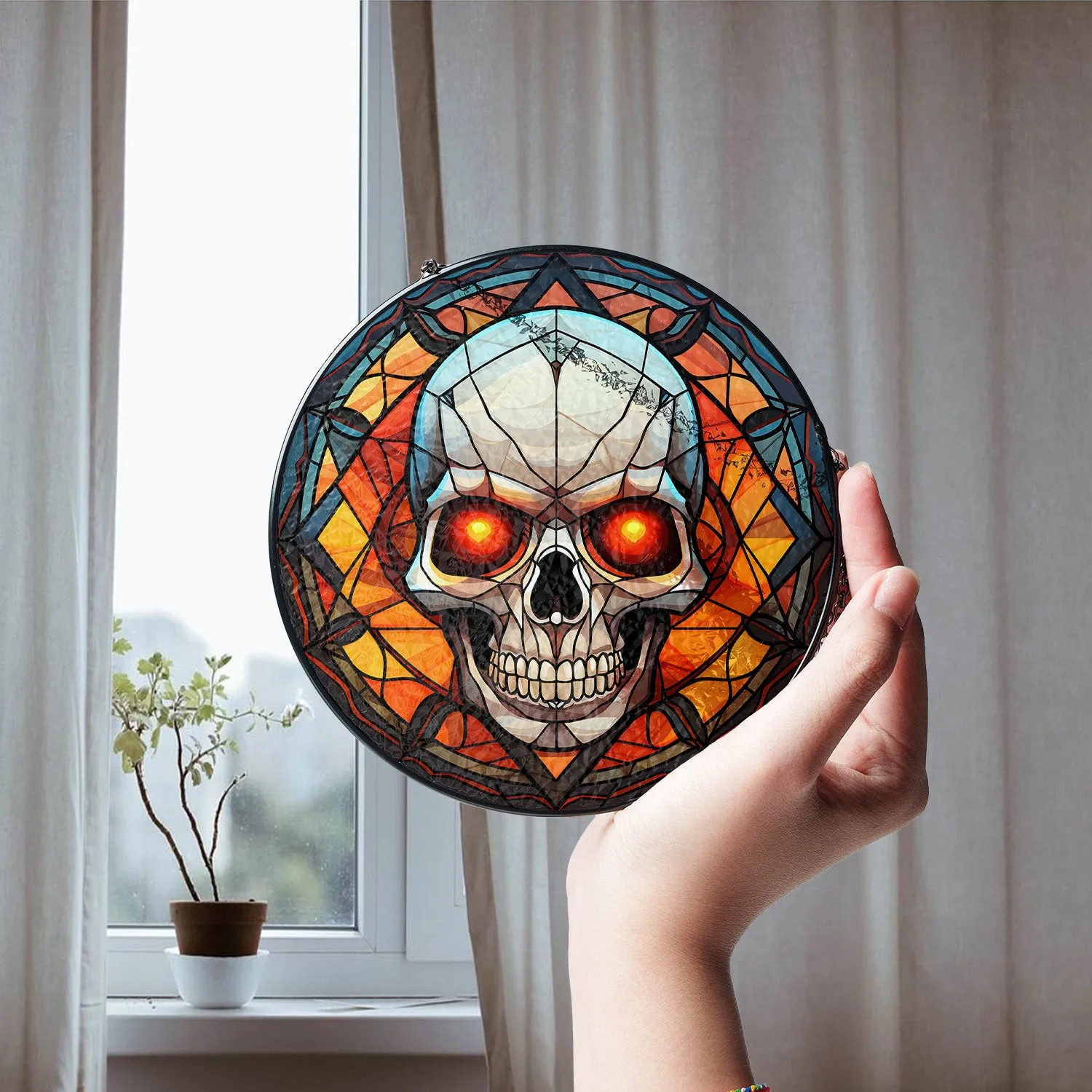 Halloween Stained Glass Suncatcher Collection | Decorative Window Hanging | 2 Sizes | Holiday Decor Accents | Red Eye Skull