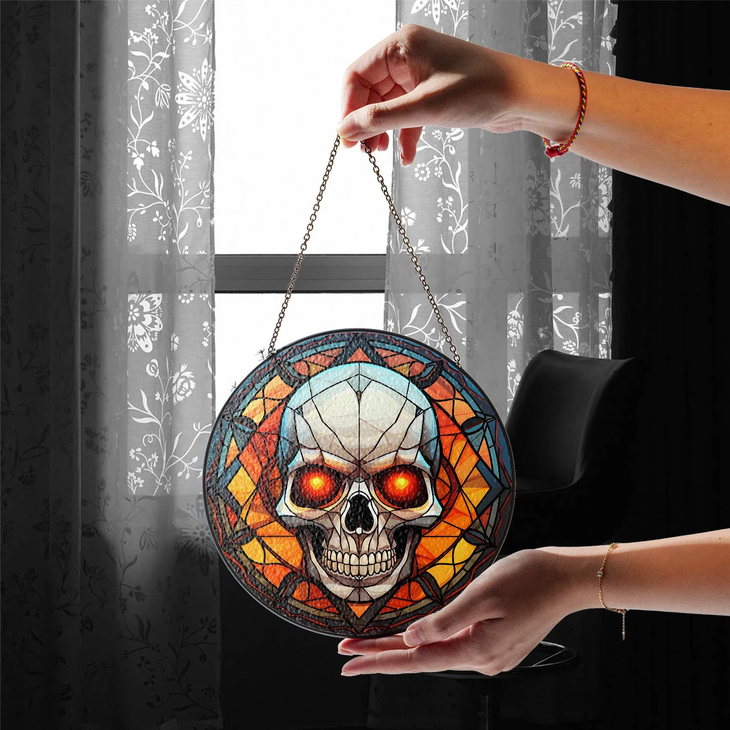 Halloween Stained Glass Suncatcher Collection | Decorative Window Hanging | 2 Sizes | Holiday Decor Accents | Red Eye Skull