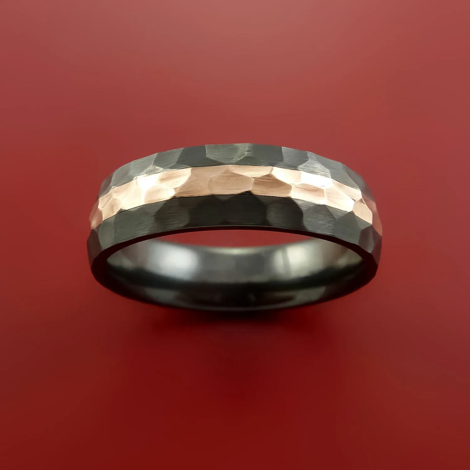 Hammered Black Zirconium Ring with 14k Rose Gold Inlay Custom Made Band