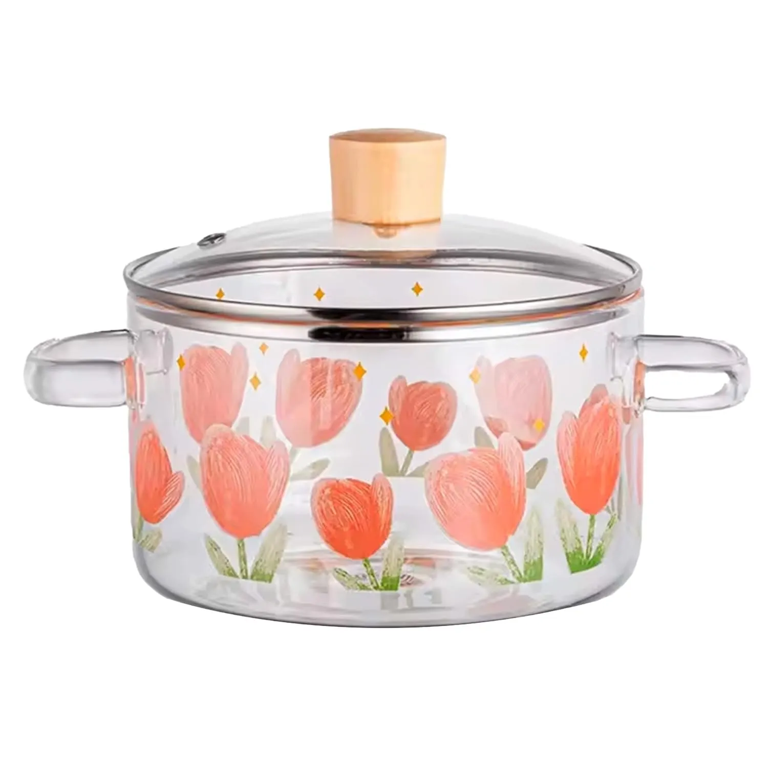 Kuber Industries Borosilicate Glass 1.45L Saucepan with Lid & Handle | Induction Pan Cookware | Handi for Cooking | Microwave Safe | Cooktop for Tea/Milk/Pasta/Rice | Transparent- Pink Flower Print